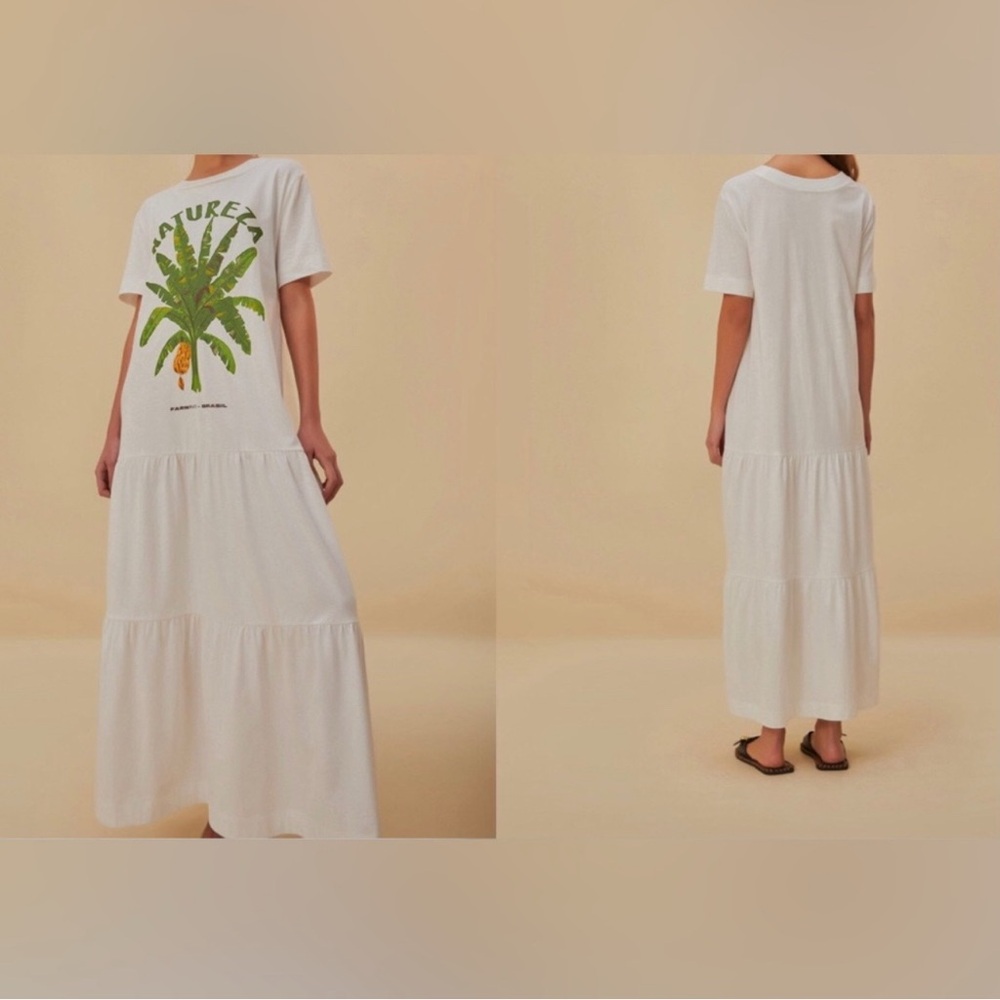 White Maxi Dress with Green Palm Print XL - Picture 2 of 3